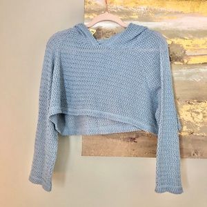 Light blue, flowy, long sleeve crop top with hood